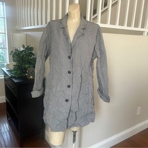 Sun Kim Silver Gray Crinkle Lagenlook Long Button Front Boyfriend Jacket Size L